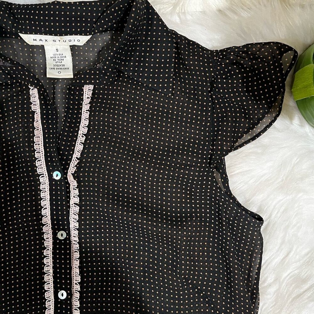 NEW Max Studio Silk Polka Dot Lace Trim Flutter Cap Sleeve Sheer Blouse S NWOT - Picture 12 of 16